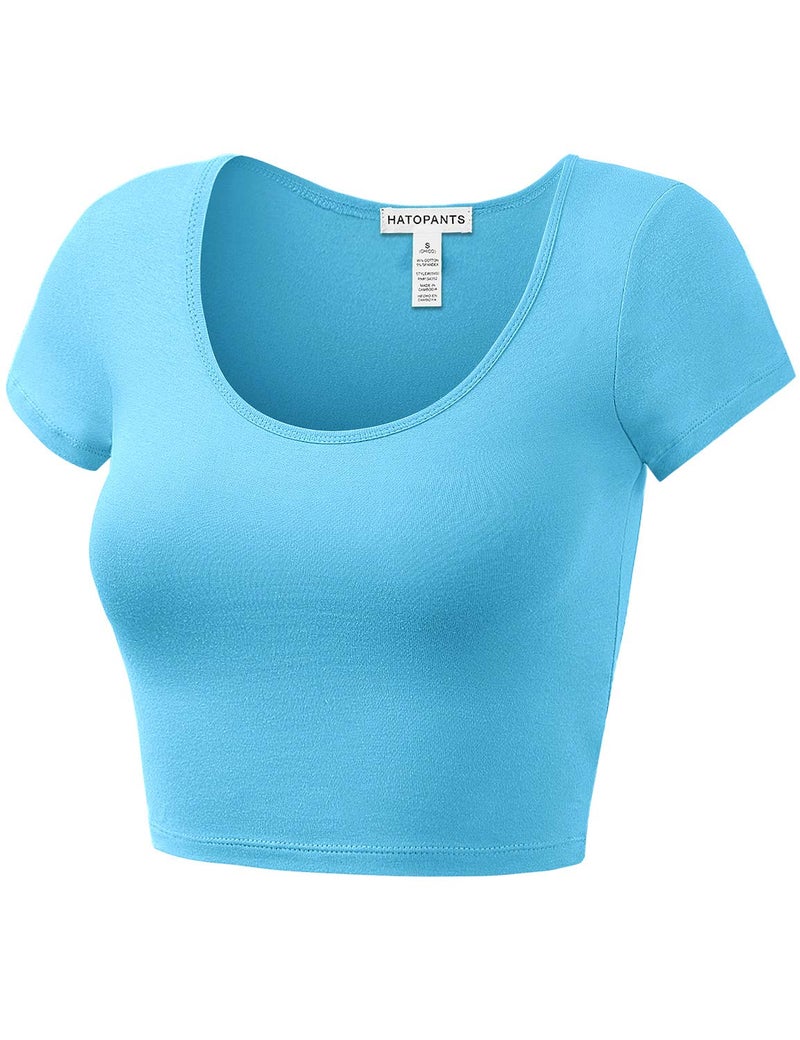 HATOPANTS Women's Cotton Crop Tops Short Sleeve Scoop Neck Stretchy Casual Shirt Aqua S - Image 2